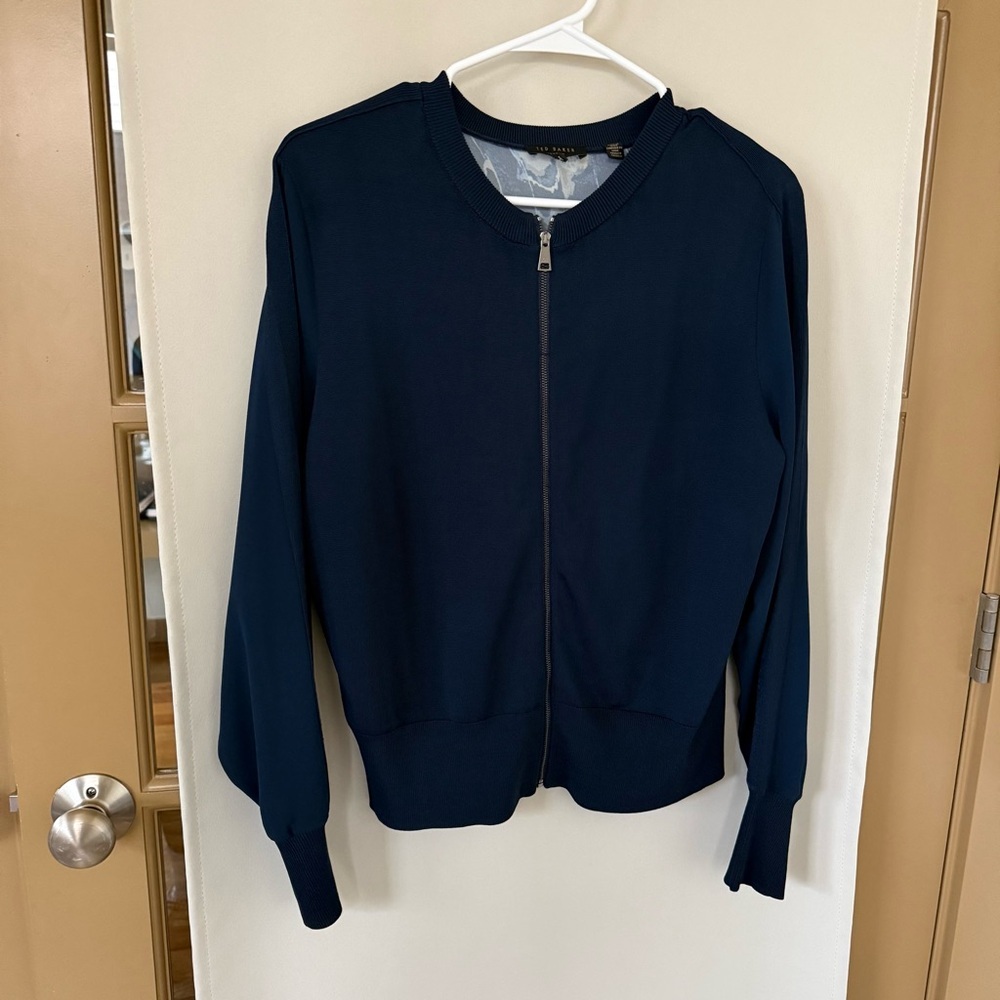 Ted Baker London Women's 3 Small Dark Nsvy Blue Imma Mixed Media Zip up Cardigan
